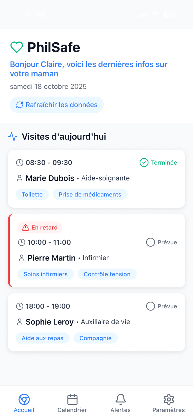 Interface Famille PhilSafe - Application mobile pour le suivi des visites quotidiennes à domicile